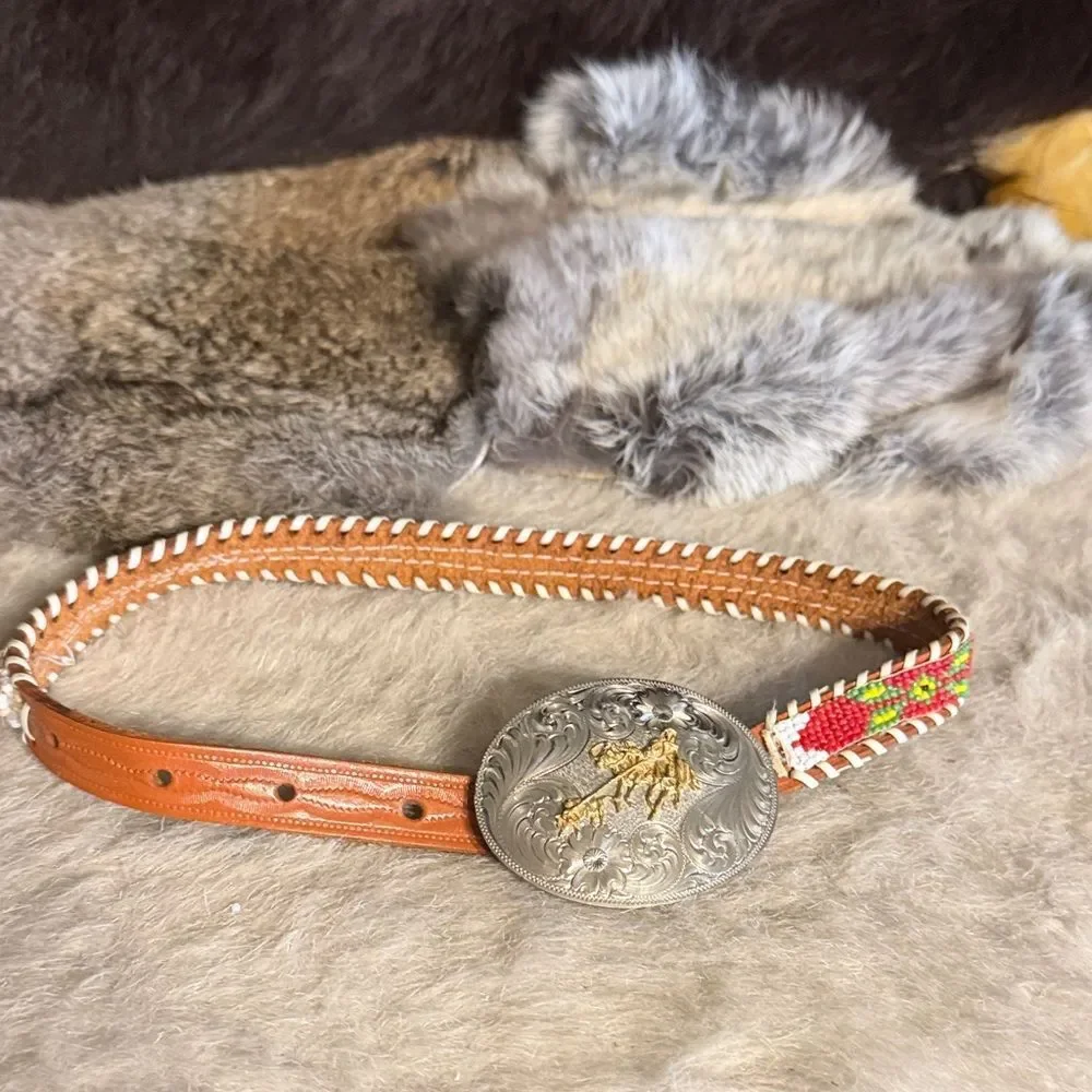 Handcrafted Tan Leather Belt with Silver Buckle and Beaded Accent (BK6)